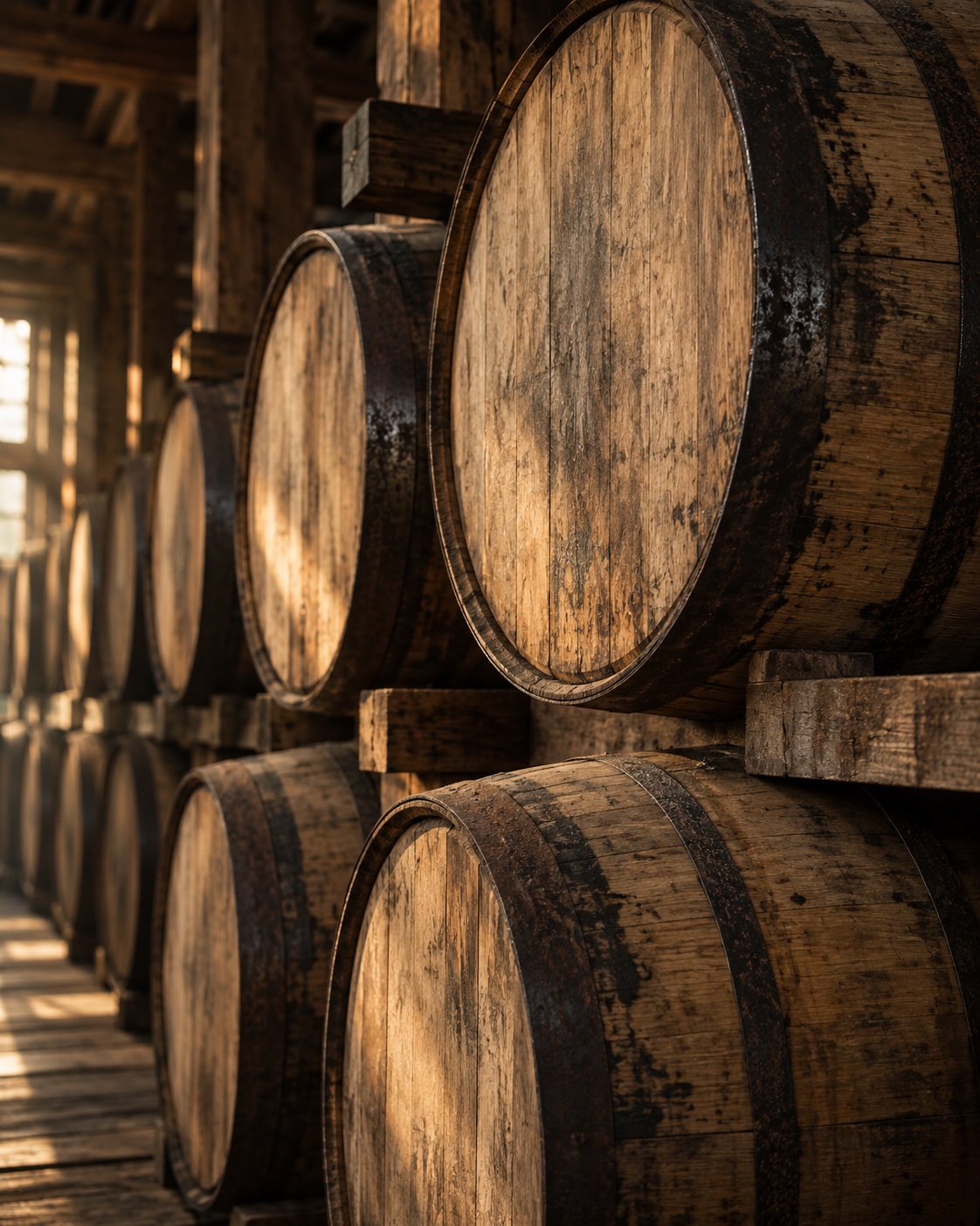 Oak bourbon barrels stacked in a warmly lit aging warehouse